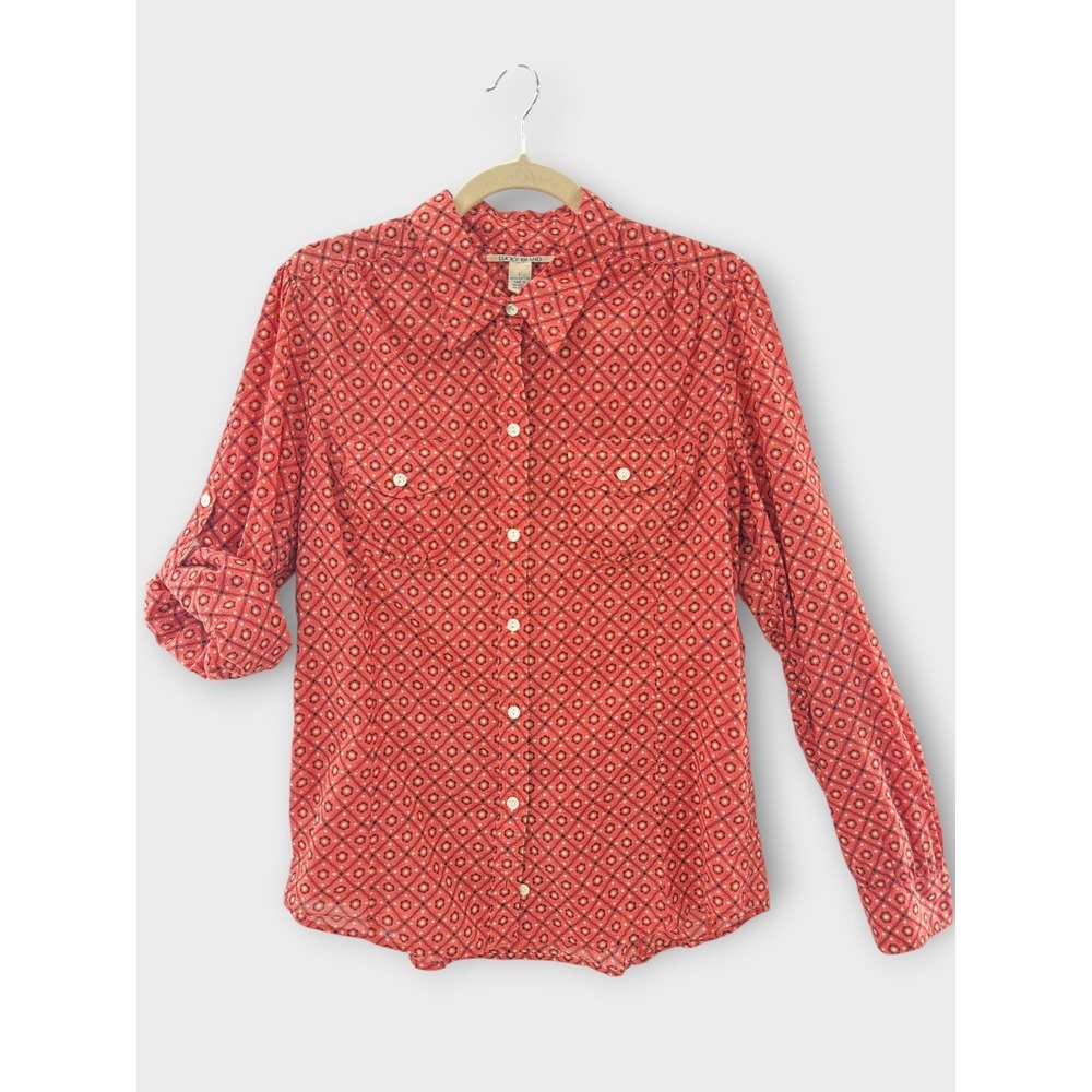 Lucky‎ Brand Womens 100% Cotton Roll Tab Sleeve Blouse L Geometric Western Boho